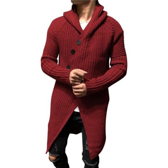Men's Long Cardigan Sweater Hood Button Closure Long Sleeve Knit Coat - Picture 1 of 6